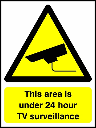 This area is under 24 hour TV surveillance sign. yellow CCTV camera warning triangle and wording. Artwork SECU0039.