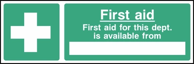 First aid — First aid for this dept. is available from sign showing blank contact panel beside white cross. Artwork FAID0035.