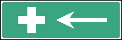 First aid direction — Left sign showing white cross and left-pointing arrow. Artwork FAID0029.