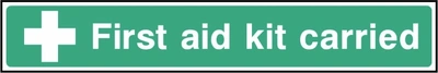 First aid kit carried sign showing white cross beside equipment message. Artwork FAID0037.