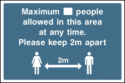 White wording and a two-metre spacing illustration on a blue background with Maximum people allowed in this area at any time — Please keep 2m apart wording. CONS0091 artwork.