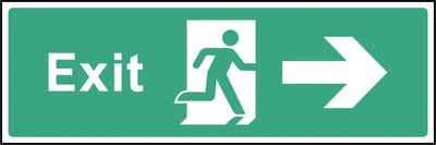 Green and white Exit sign with a right arrow and running-person escape symbol. Letterbox artwork EMER0012.