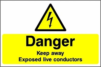 Danger — Keep away — Exposed live conductors sign showing yellow electrical lightning bolt warning triangle with wording. Artwork ELEC0064.