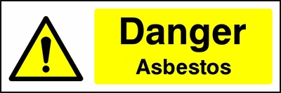 Yellow and black sign with an exclamation mark warning symbol and Danger — Asbestos wording. CONS0053 artwork.