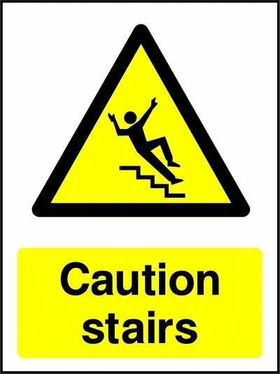 Caution — Stairs sign showing yellow falling on stairs warning pictogram above wording. Artwork GENE0084.