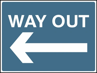 Way Out — Left arrow sign. blue-grey background with white lettering. Supplied artwork PARK0006.