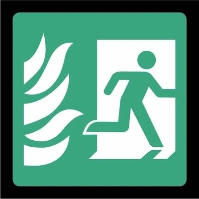 Green and white Fire exit pictogram — Right sign showing right-facing running person and flames. Artwork EMER0056.