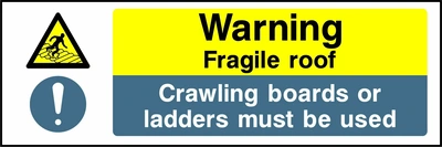 Warning — Fragile roof — Crawling boards or ladders must be used. Stacked message panels. Artwork MULT0009.