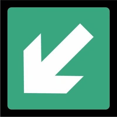 Green and white Emergency escape arrow — Down left sign showing down-left arrow pictogram. Artwork EMER0051.
