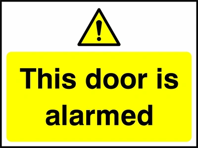 This door is alarmed sign. yellow pictogram and text panel. Artwork SECU0059.