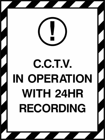 C.C.T.V. In Operation With 24hr Recording sign. black wording with a black-and-white diagonal border. Supplied artwork PARK0049.