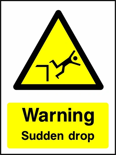 Warning — Sudden drop sign showing yellow falling from an edge warning pictogram above wording. Artwork GENE0073.