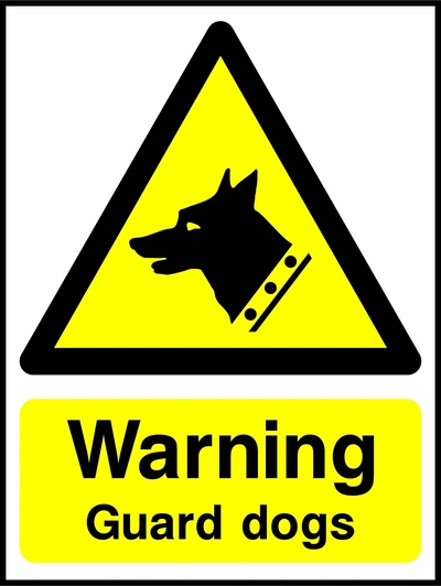 Warning — Guard dogs sign. yellow guard-dog warning triangle and wording. Artwork SECU0046.