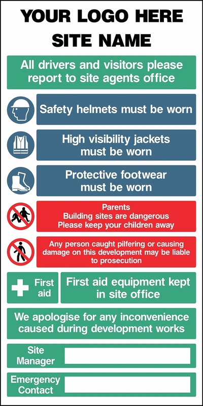 Portrait site-name board with logo placeholder, visitor reporting, PPE instructions, parents notice, first-aid information and site-manager/emergency-contact fields. CONS0122.