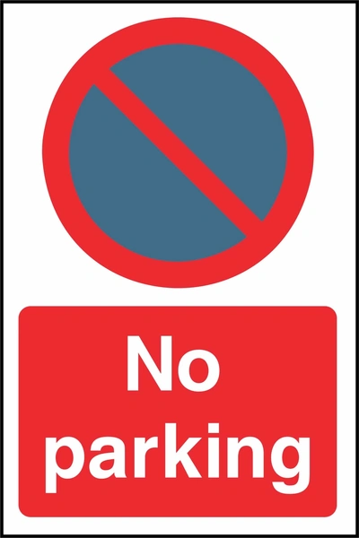 No parking sign. red-and-blue no-parking pictogram and wording. Supplied artwork PARK0065.