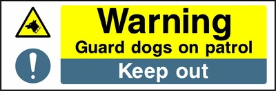 Warning — Guard dogs on patrol — Keep out sign. yellow-and-black warning or coloured access panels. Artwork SECU0019.