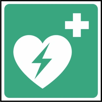 AED defibrillator pictogram sign showing heart lightning bolt and white cross. Artwork FAID0018.