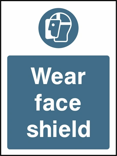 Wear face shield sign showing blue face shield pictogram above wording. Artwork PPE0025.