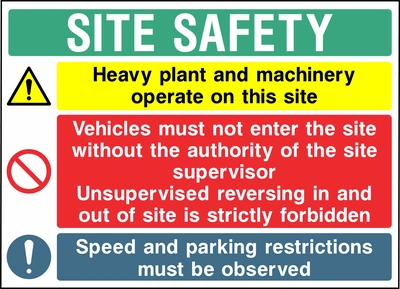 Collated site safety board covering heavy plant and machinery, authorised vehicle access, supervised reversing, speed restrictions and parking. CONS0017 artwork.