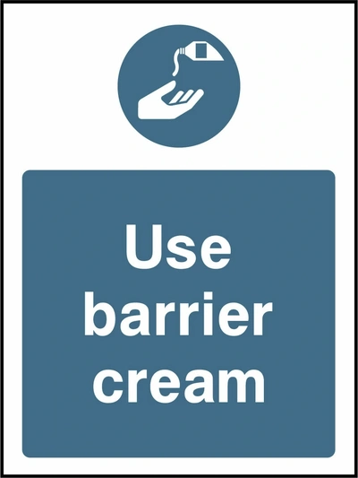 Use barrier cream sign showing blue barrier cream pictogram above wording. Artwork PPE0044.