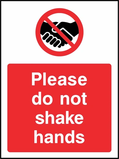 Please do not shake hands sign showing red handshake prohibition symbol above wording. Artwork GENE0116.