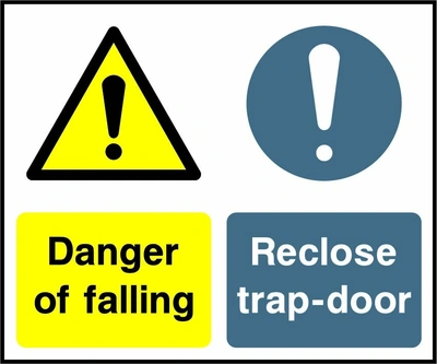 Danger of falling — Reclose trap-door sign showing collated yellow warning and blue mandatory panels. Artwork LIFT0002.