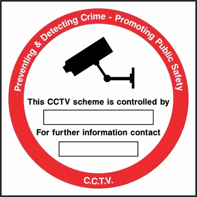 Preventing & Detecting Crime — Promoting Public Safety — CCTV sign. red-bordered CCTV information panel with blank details fields. Artwork SECU0027.