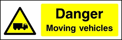 Danger — Moving vehicles sign showing yellow moving truck warning pictogram beside wording. Artwork GENE0036.