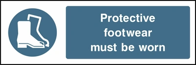 Protective footwear must be worn sign showing blue protective boot pictogram beside wording. Artwork PPE0016.