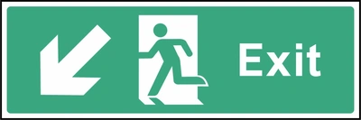 Green and white Exit sign showing down-left arrow. Artwork EMER0013.