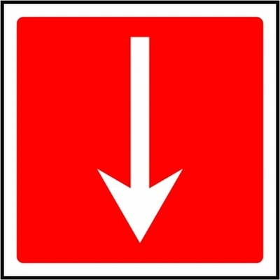Fire equipment direction — Down sign showing white downward arrow on red. Artwork FEQP0057.