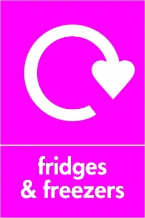 Fridges & freezers sign showing white recycling arrow above wording on magenta background. Artwork ELEC0070.