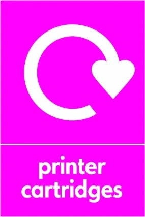 Printer cartridges sign showing white recycling arrow above wording on magenta background. Artwork ELEC0076.