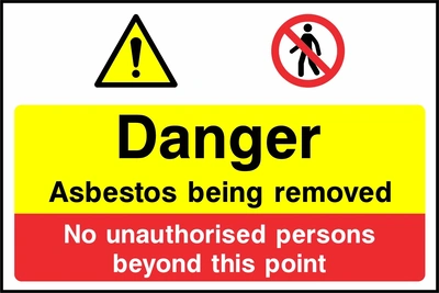 Yellow and red panels with warning and no-entry symbols with Danger Asbestos being removed — No unauthorised persons beyond this point wording. CONS0121 artwork.