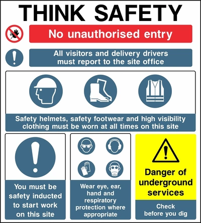 Collated Think Safety board with access restriction, visitor reporting, PPE, induction and underground services notices. CONS0015 artwork.