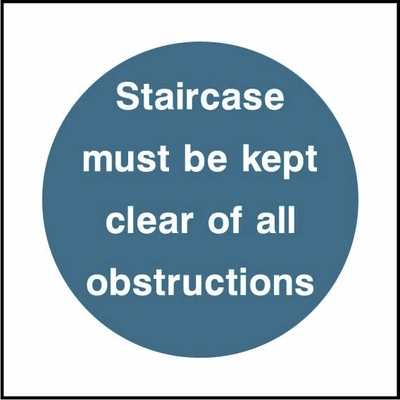Staircase must be kept clear of all obstructions sign showing blue circular mandatory wording. Artwork FPRV0011.