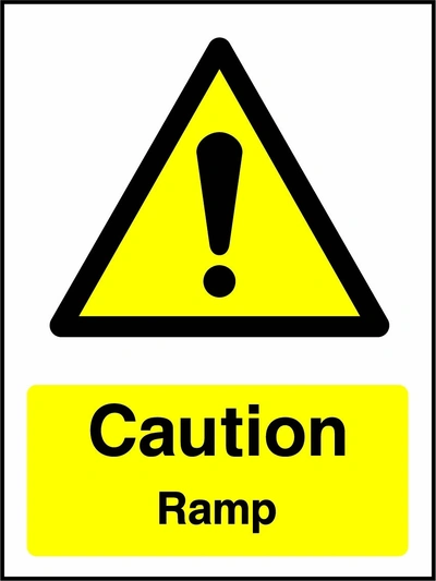 Caution — Ramp sign showing yellow exclamation warning pictogram above wording. Artwork GENE0052.