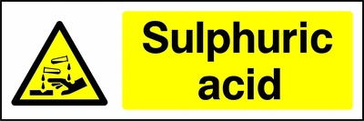 Sulphuric acid sign with yellow triangular corrosion pictogram beside wording. Artwork CHEM0006.