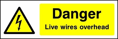 Danger — Live wires overhead sign showing yellow electrical lightning bolt warning triangle beside wording. Artwork ELEC0018.