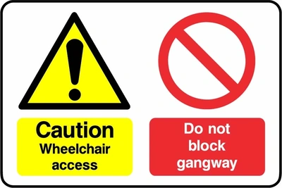 Caution — Wheelchair access — Do not block gangway sign showing collated yellow warning and red prohibition panels. Artwork DDA0015.