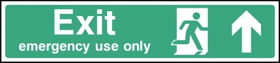 Green and white Exit — emergency use only sign showing upward arrow. Artwork EMER0029.