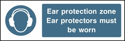 Ear protection zone — Ear protectors must be worn sign showing blue ear defenders pictogram beside wording. Artwork PPE0010.