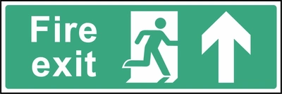 Green and white Fire exit sign with an up arrow and running-person escape symbol. Letterbox artwork EMER0007.