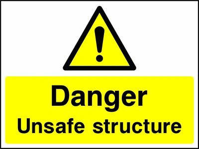 A black exclamation mark inside a yellow warning triangle above black wording on a yellow panel with Danger — Unsafe structure wording. CONS0096 artwork.