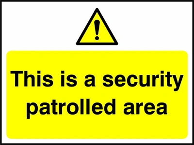 This is a security patrolled area sign. yellow pictogram and text panel. Artwork SECU0056.