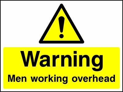 A black exclamation mark inside a yellow warning triangle above black wording on a yellow panel with Warning — Men working overhead wording. CONS0101 artwork.