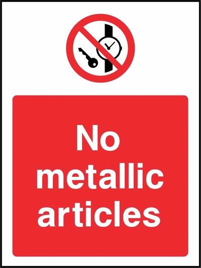 No metallic articles sign showing red keys and watch prohibition symbol above wording. Artwork GENE0099.