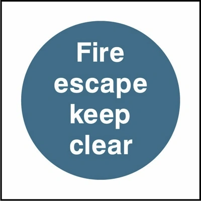 Fire escape keep clear sign showing blue circular mandatory wording. Artwork FPRV0005.