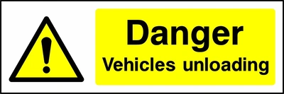 Danger — Vehicles unloading sign showing yellow exclamation warning pictogram beside wording. Artwork GENE0030.