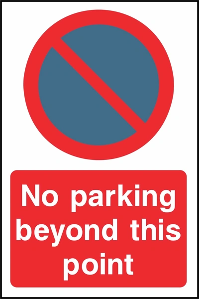 No parking beyond this point sign. red-and-blue no-parking pictogram and wording. Supplied artwork PARK0067.